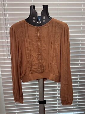 Textured Rust Brown Long-Sleeve Blouse with Pintuck Detail